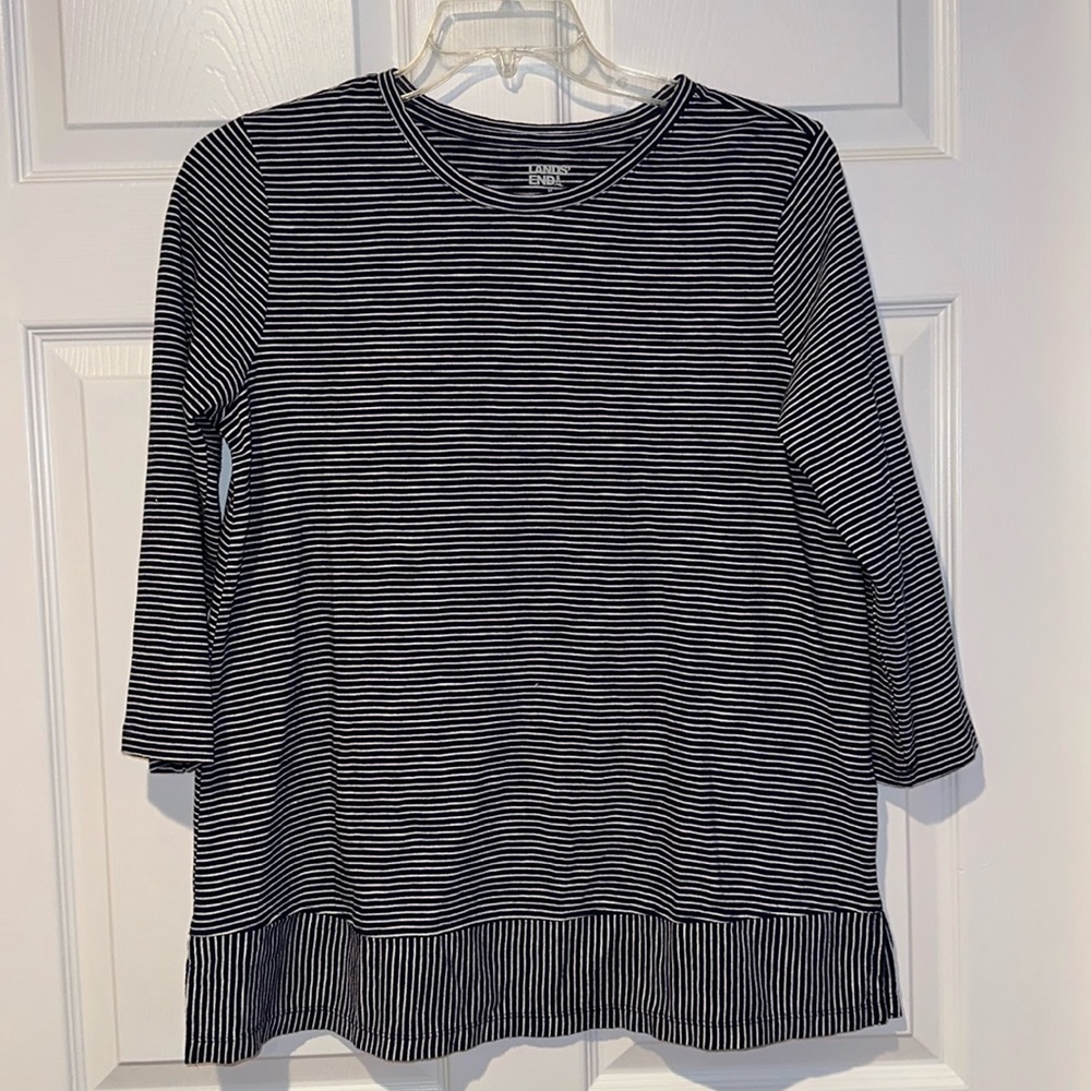 Women’s Lands End 3/4 Sleeve Slub Jersey Tunic Top in Deep Sea Navy Stripe - M